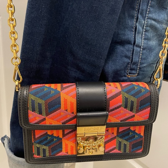 MCM Gretl Cubic Logo Jacquard/Leather Crossbody - Picture 3 of 11